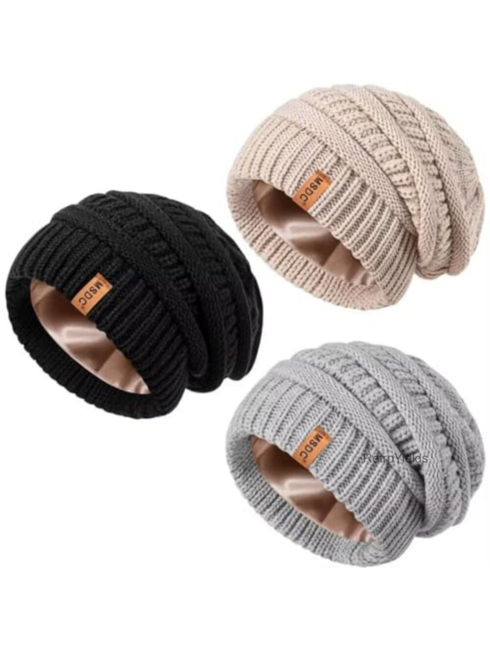 3 Pack Satin Lined Beanie for Women Warm Slouchy Winter Hats Silk Lined